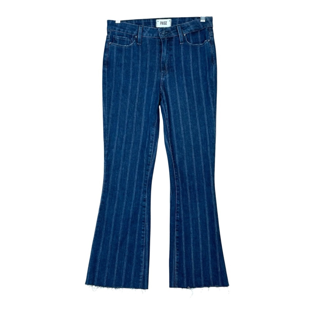 Paige Women Mid Rise Fringe Colette Crop Flare Leg Jeans Blue Striped Size 27